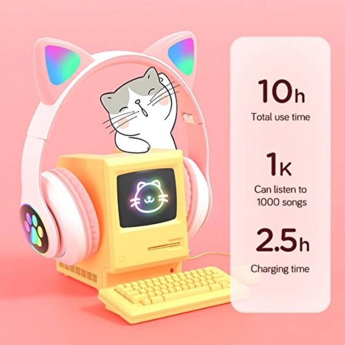 Ally 23M Led Aydınlatmalı Kedi Kulak Üstü Bluetooth Kulaklık Pembe