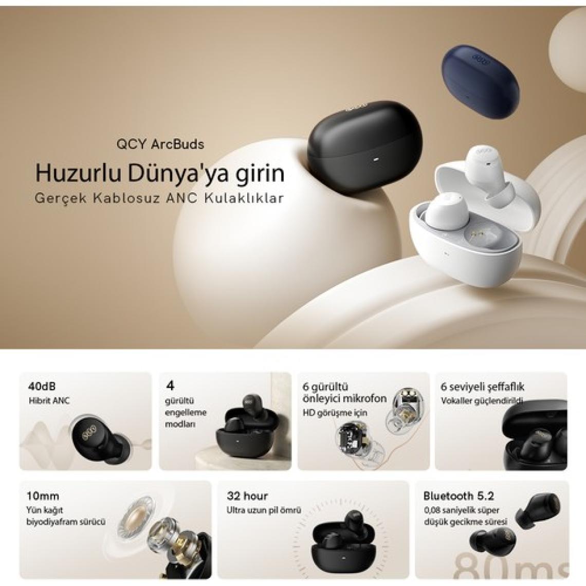 Qcy HT07 Arcbuds Siyah Anc 6 Mikrofonlu Bluetooth 5.2 Kablosuz Kulaklık