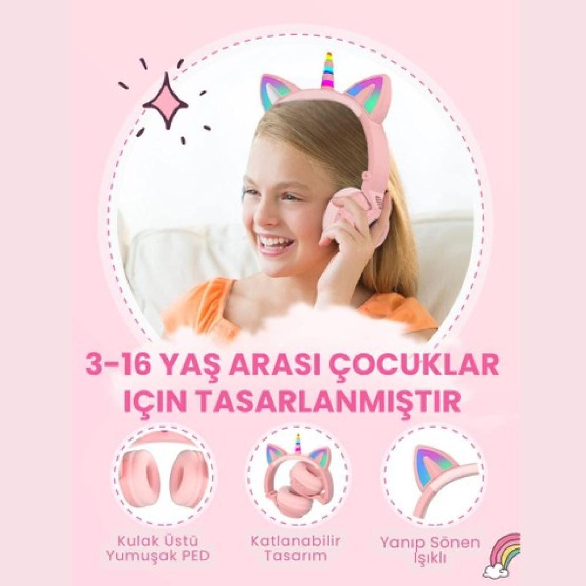 Polham Unicorn 94DB Güvenli Ses Limitli Yumuşak Kulak Pedli Bluetooth Kulaklık Çocuk Kulaklığı Uzun Şarjlı