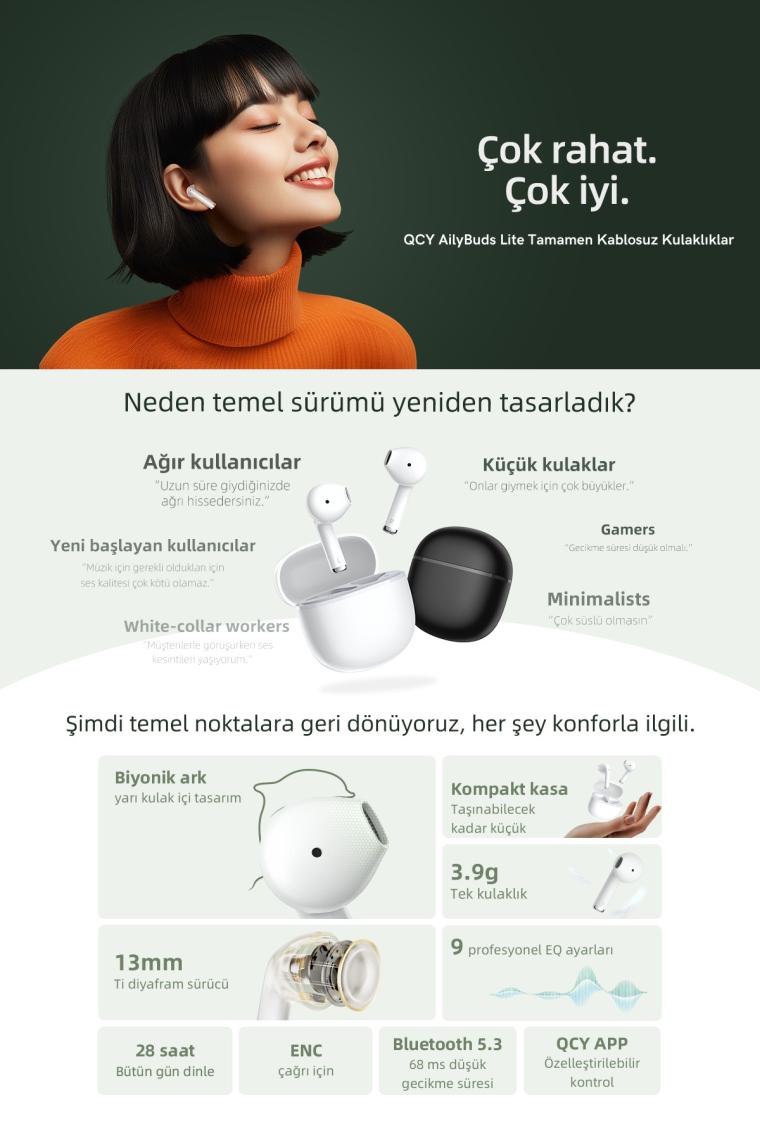 Qcy Ailybuds Lite Enc Gürültü Engelleme Bluetooth 5.3 Kablosuz kulaklık siyah