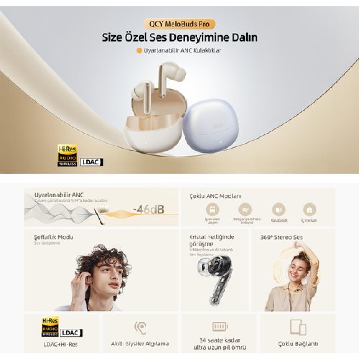 Qcy HT08 Melobuds Pro Hi-Res Ldac Adaptif Anc 6 Mikrofon Bluetooth 5.3 Kablosuz Kulaklık Siyah