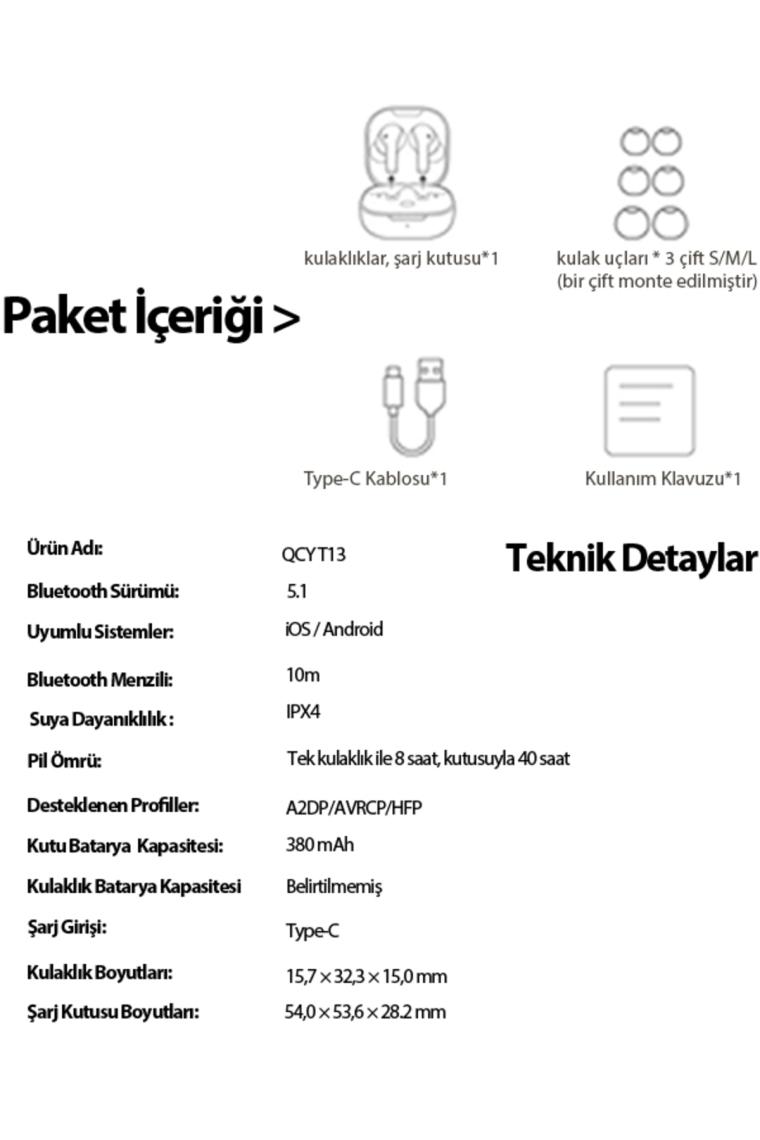 Qcy T13 ANC 4 Mikrofon Bluetooth 5.3 Kablosuz Kulaklık Aktif Gürültü Engelleme Siyah