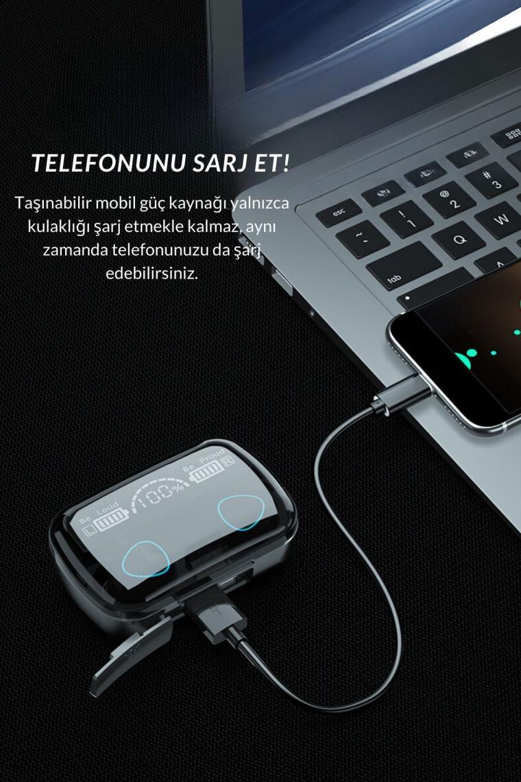 Powerbankli Bluetooth Kulaklık Şarj Göstergeli Kulak İçi Kablosuz Mikrofonlu Hi-Fi Kulaklık M10