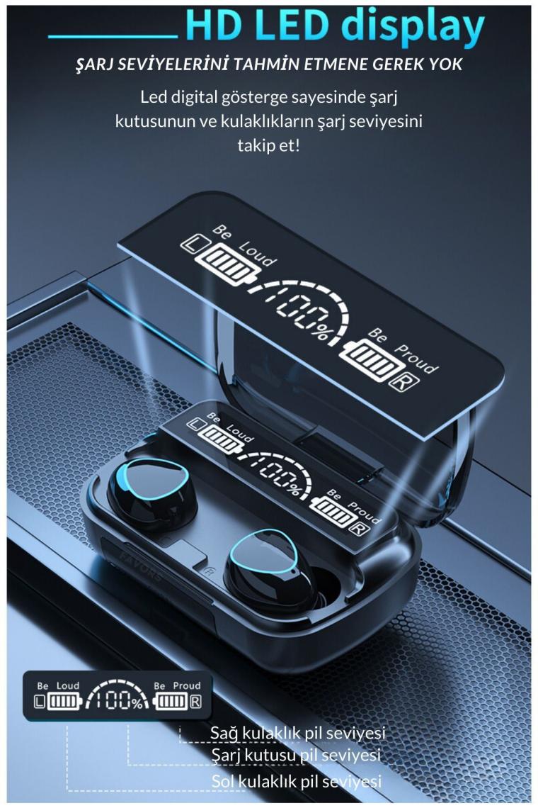 Powerbankli Bluetooth Kulaklık Şarj Göstergeli Kulak İçi Kablosuz Mikrofonlu Hi-Fi Kulaklık M10