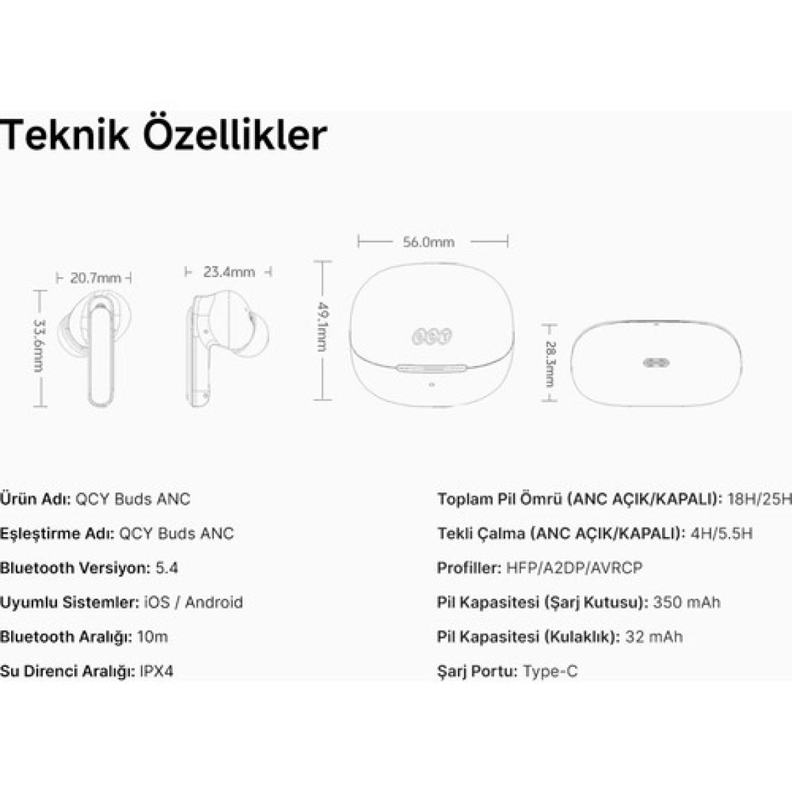 Buds Anc HT15 Bluetooth Kulaklık - 45 Db. Anc - 6 Mikrofon Enc - Çift Cihaz Gürültü Engelleme Ipx4 Beyaz