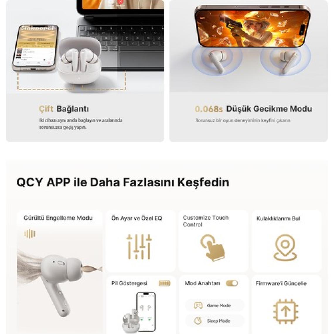Buds Anc HT15 Bluetooth Kulaklık - 45 Db. Anc - 6 Mikrofon Enc - Çift Cihaz Gürültü Engelleme Ipx4 Beyaz