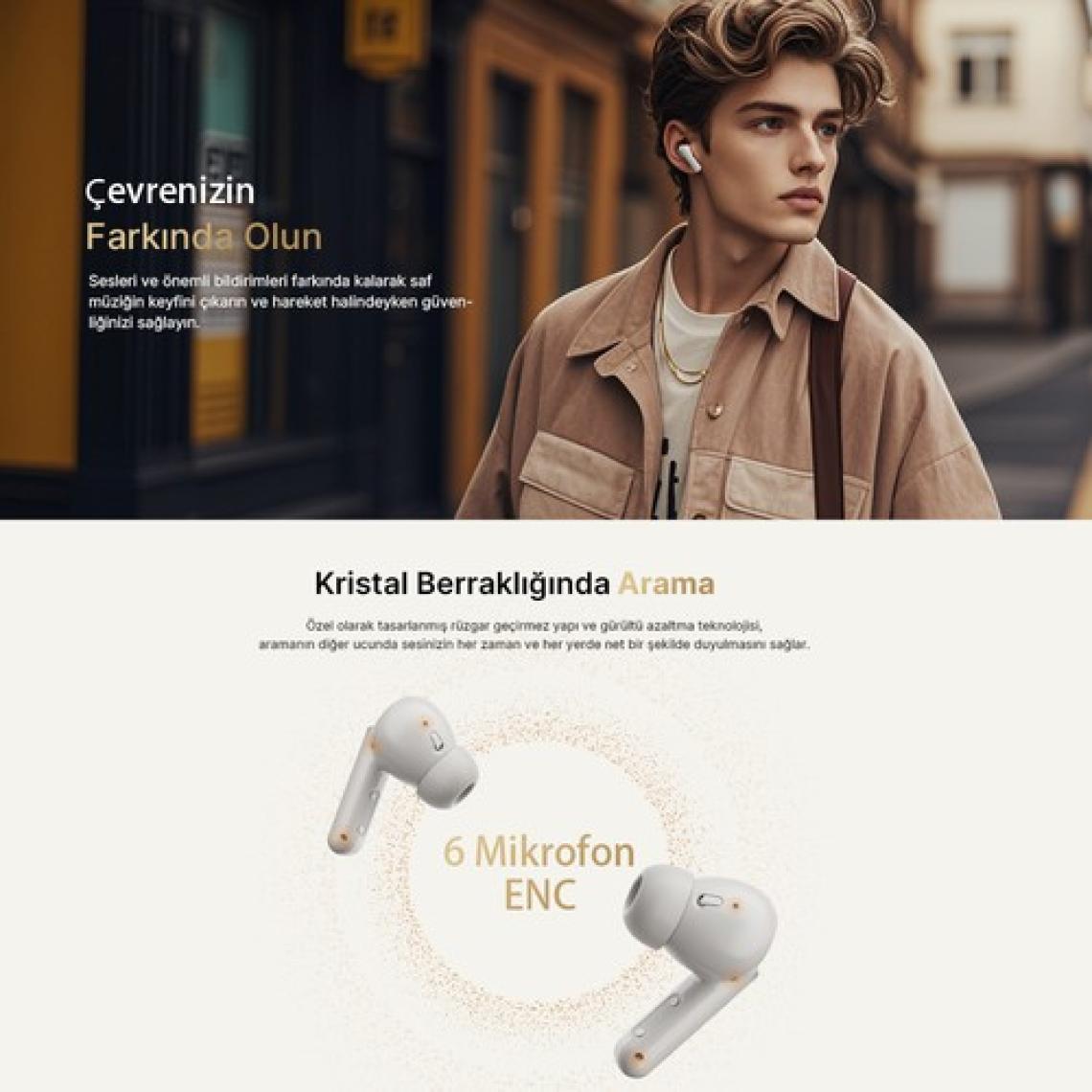 Buds Anc HT15 Bluetooth Kulaklık - 45 Db. Anc - 6 Mikrofon Enc - Çift Cihaz Gürültü Engelleme Ipx4 Beyaz