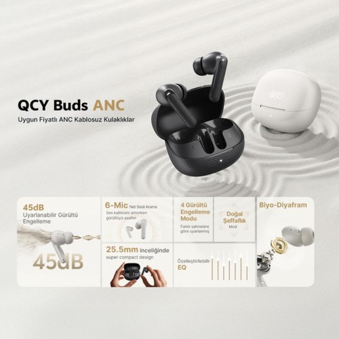 Buds Anc HT15 Bluetooth Kulaklık - 45 Db. Anc - 6 Mikrofon Enc - Çift Cihaz Gürültü Engelleme Ipx4 Beyaz