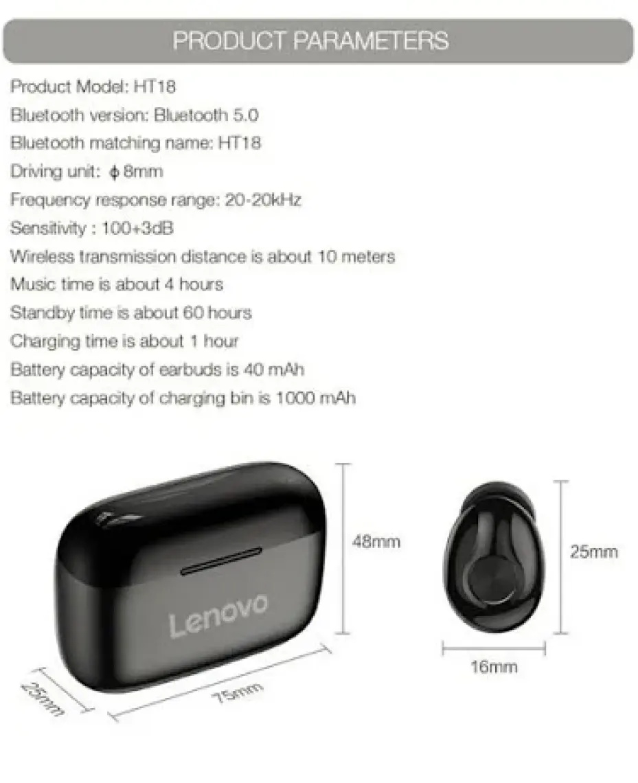 Lenovo HT18 Tws Bluetooth 5.0 Kulak Içi Kulaklık Siyah (İthalatçı Garantilidir)