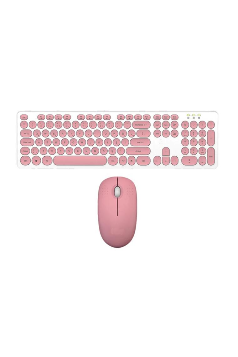 Batcell Kablosuz Klavye Mouse Seti Türkçe Q Klavye Sessiz Set Pembe