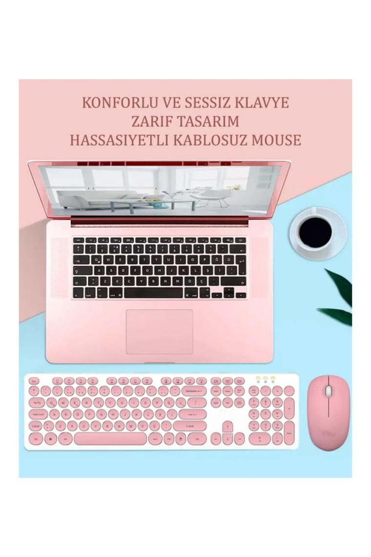 Batcell Kablosuz Klavye Mouse Seti Türkçe Q Klavye Sessiz Set Pembe