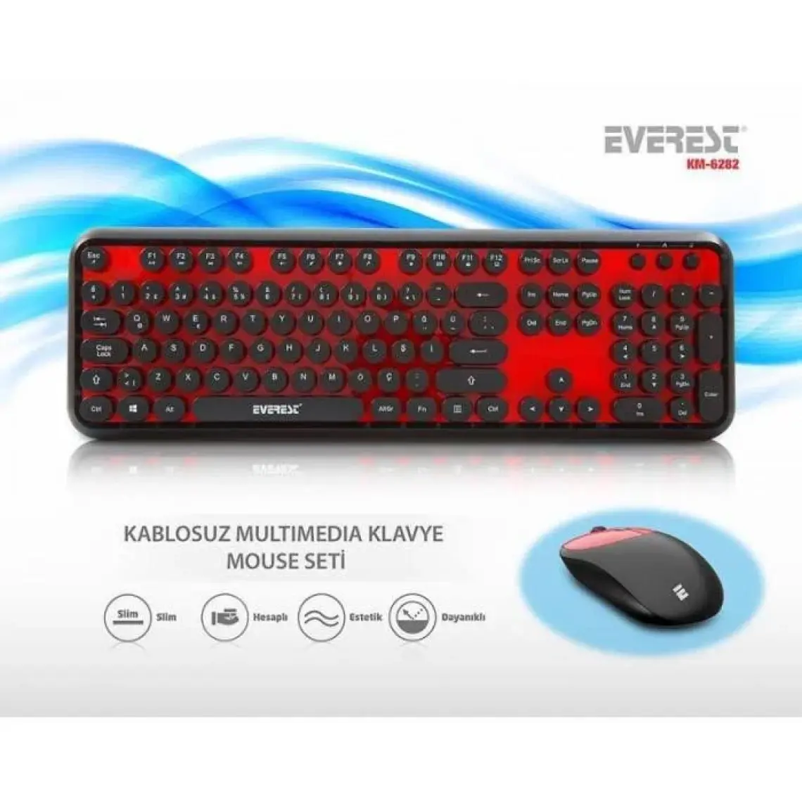 Everest Round KM-6282 Siyah/Kırmızı Kablosuz Q Multimedia Klavye + Mouse Set