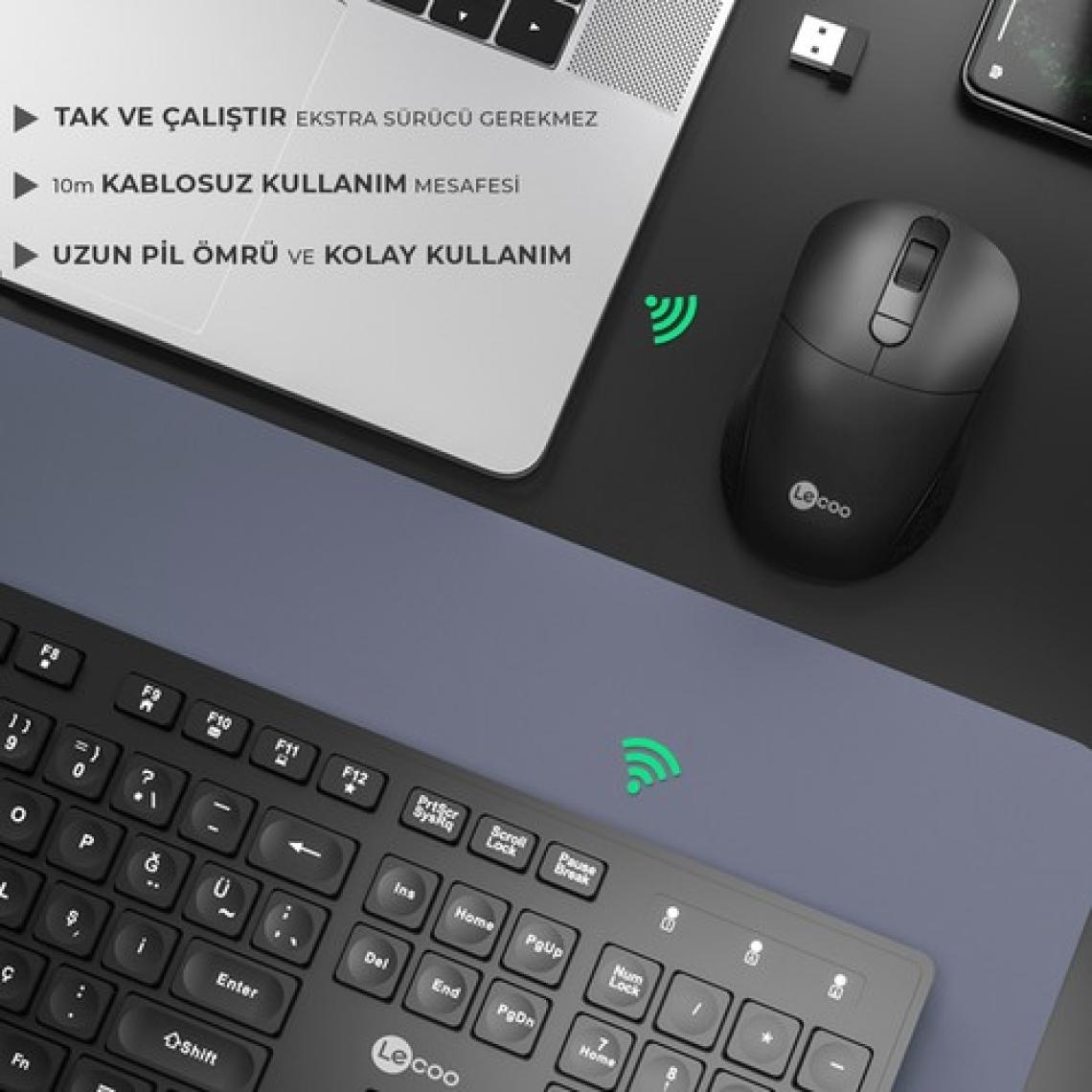 Lecoo KW201 Kablosuz Türkçe Q Klavye & Mouse Set Siyah