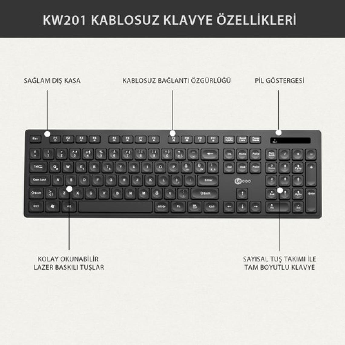 Lecoo KW201 Kablosuz Türkçe Q Klavye & Mouse Set Siyah