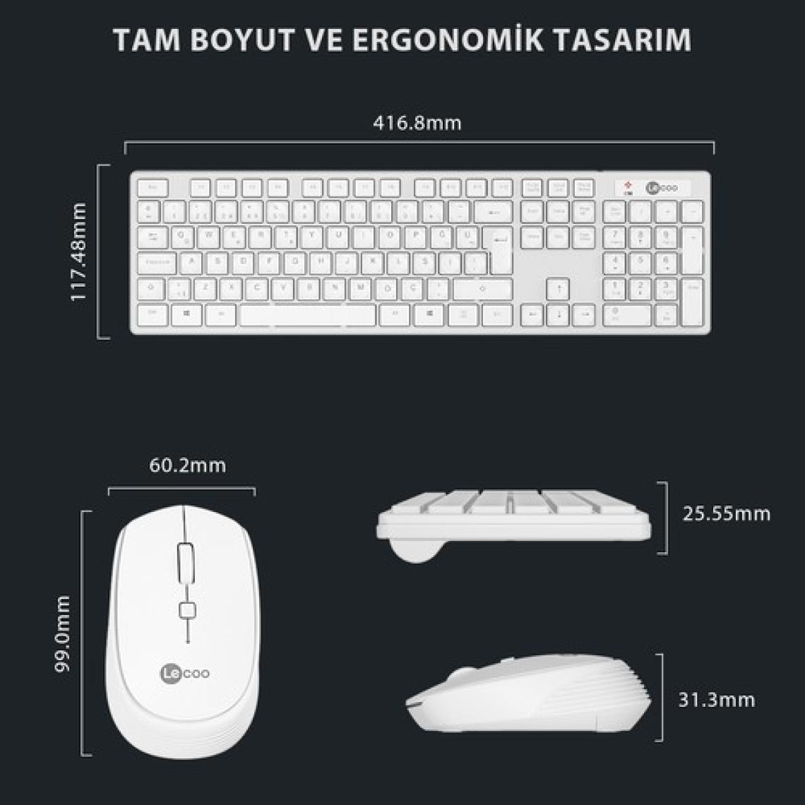 Lecoo KM2001 Kablosuz Türkçe Q Klavye & Mouse Set Beyaz