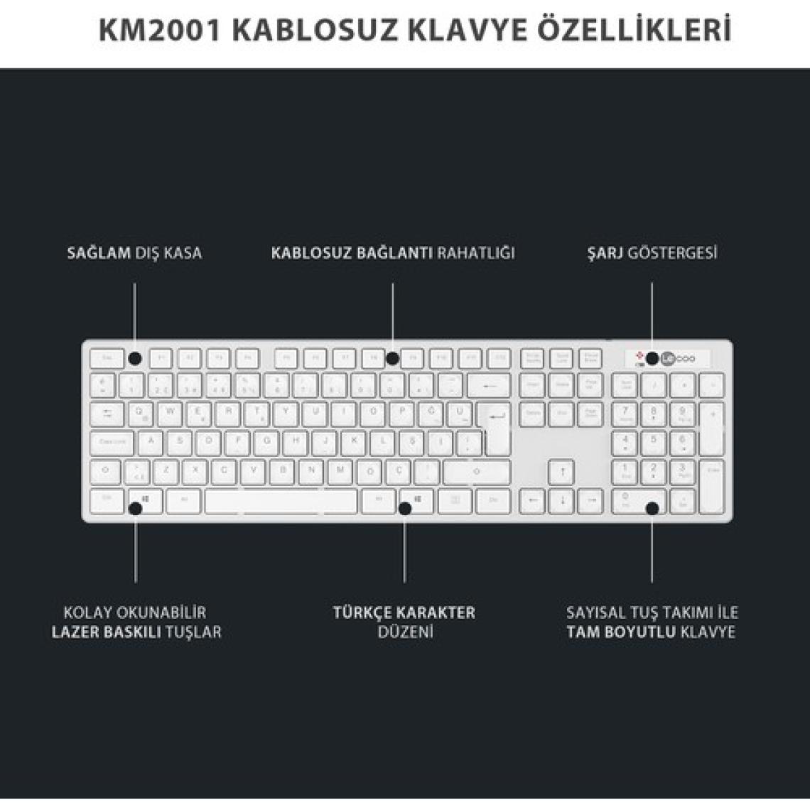 Lecoo KM2001 Kablosuz Türkçe Q Klavye & Mouse Set Beyaz