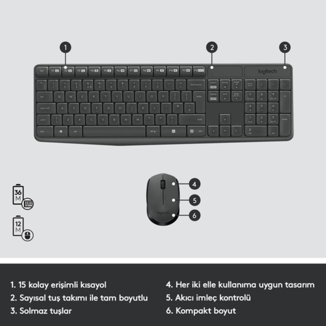 Logitech MK235 USB Kablosuz Türkçe Klavye Mouse Seti - Antrasit Gri