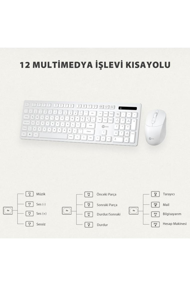 KW201 Kablosuz Türkçe Q Klavye & Mouse Set - Qwerty Türkçe Dizilim Klavye, 2400DPI Optik Fare, Win/mac Uyumlu, Sıvı Dökülmesine Dayanıklı, Tam Boyutlu Türkçe Q Klavye Mouse Seti Beyaz