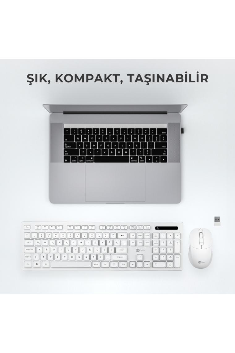 KW201 Kablosuz Türkçe Q Klavye & Mouse Set - Qwerty Türkçe Dizilim Klavye, 2400DPI Optik Fare, Win/mac Uyumlu, Sıvı Dökülmesine Dayanıklı, Tam Boyutlu Türkçe Q Klavye Mouse Seti Beyaz