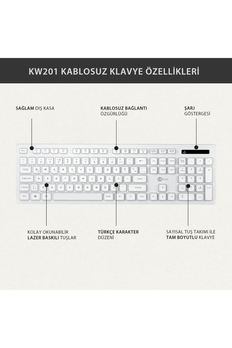 KW201 Kablosuz Türkçe Q Klavye & Mouse Set - Qwerty Türkçe Dizilim Klavye, 2400DPI Optik Fare, Win/mac Uyumlu, Sıvı Dökülmesine Dayanıklı, Tam Boyutlu Türkçe Q Klavye Mouse Seti Beyaz