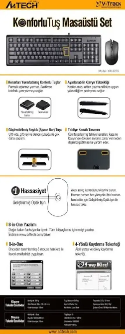 A4 TECH KR-9276 USB Q Trk Optic Mouse Suya Dayanıklı Siyah Multimedya Klavye - Mouse Set