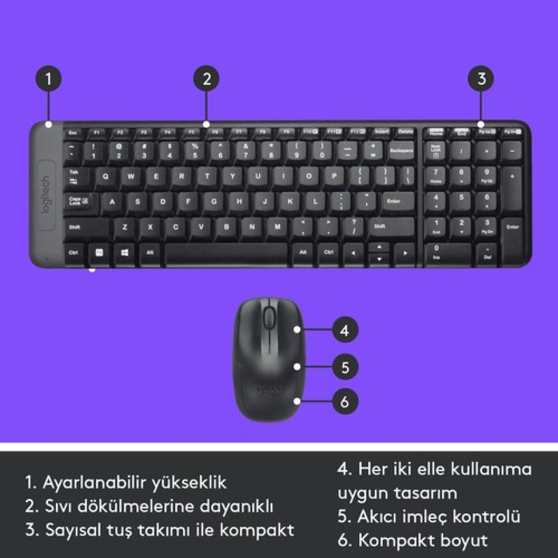 Logitech MK220 Kablosuz Türkçe Klavye Mouse Seti - Siyah