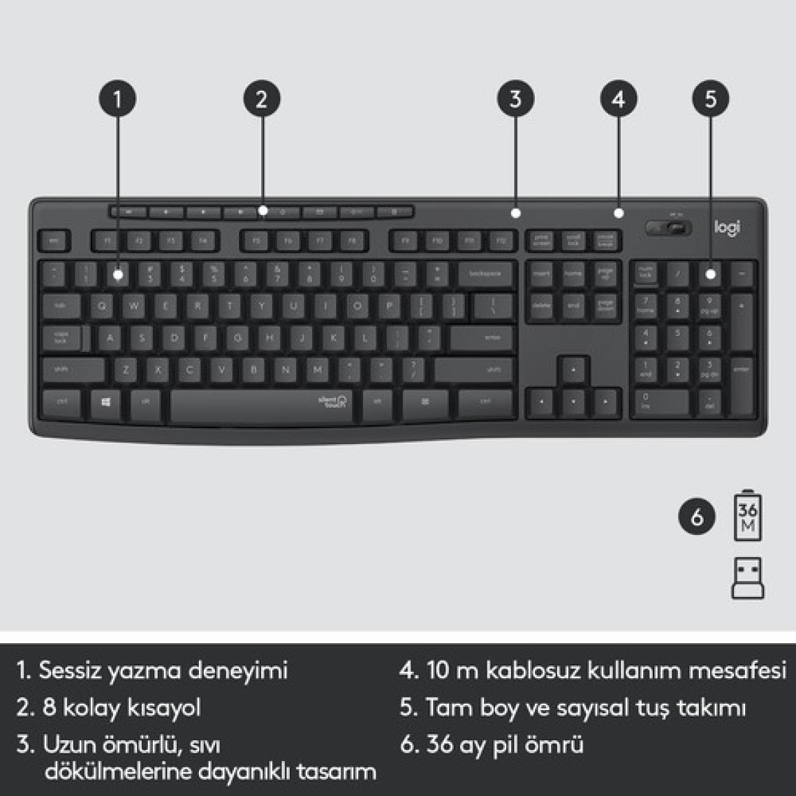Logitech MK295 Sessiz Kablosuz Türkçe Klavye Mouse Seti - Siyah