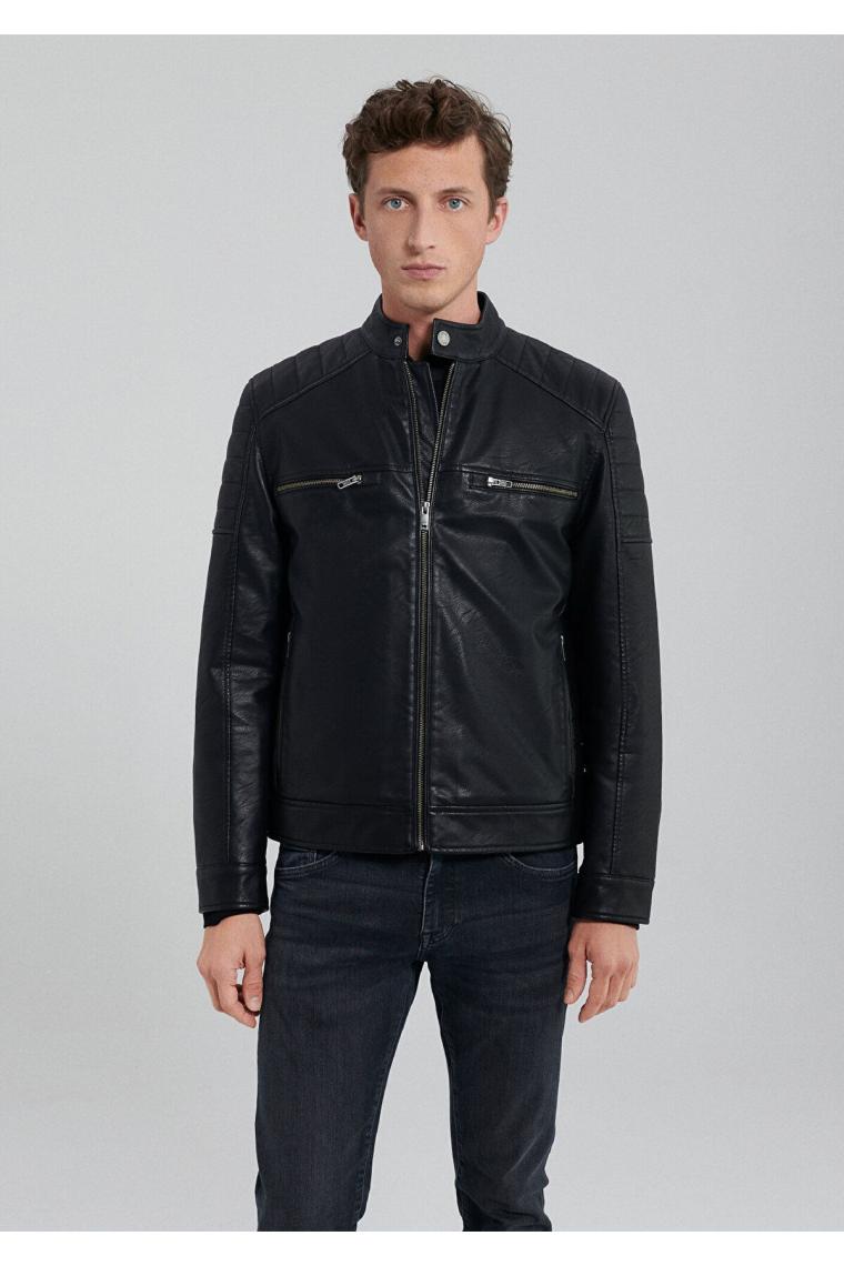 Siyah Suni Deri Ceket Slim Fit / Dar Kesim 0110345-900