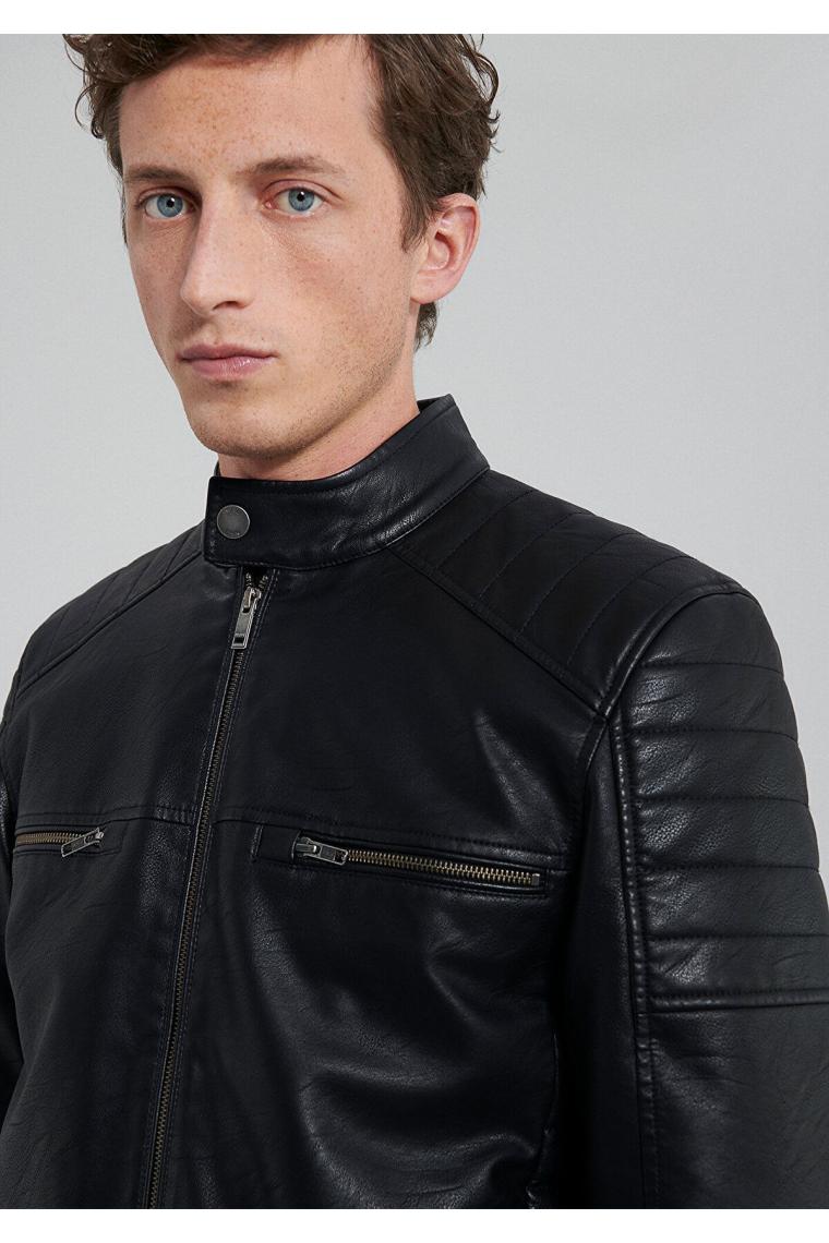 Siyah Suni Deri Ceket Slim Fit / Dar Kesim 0110345-900