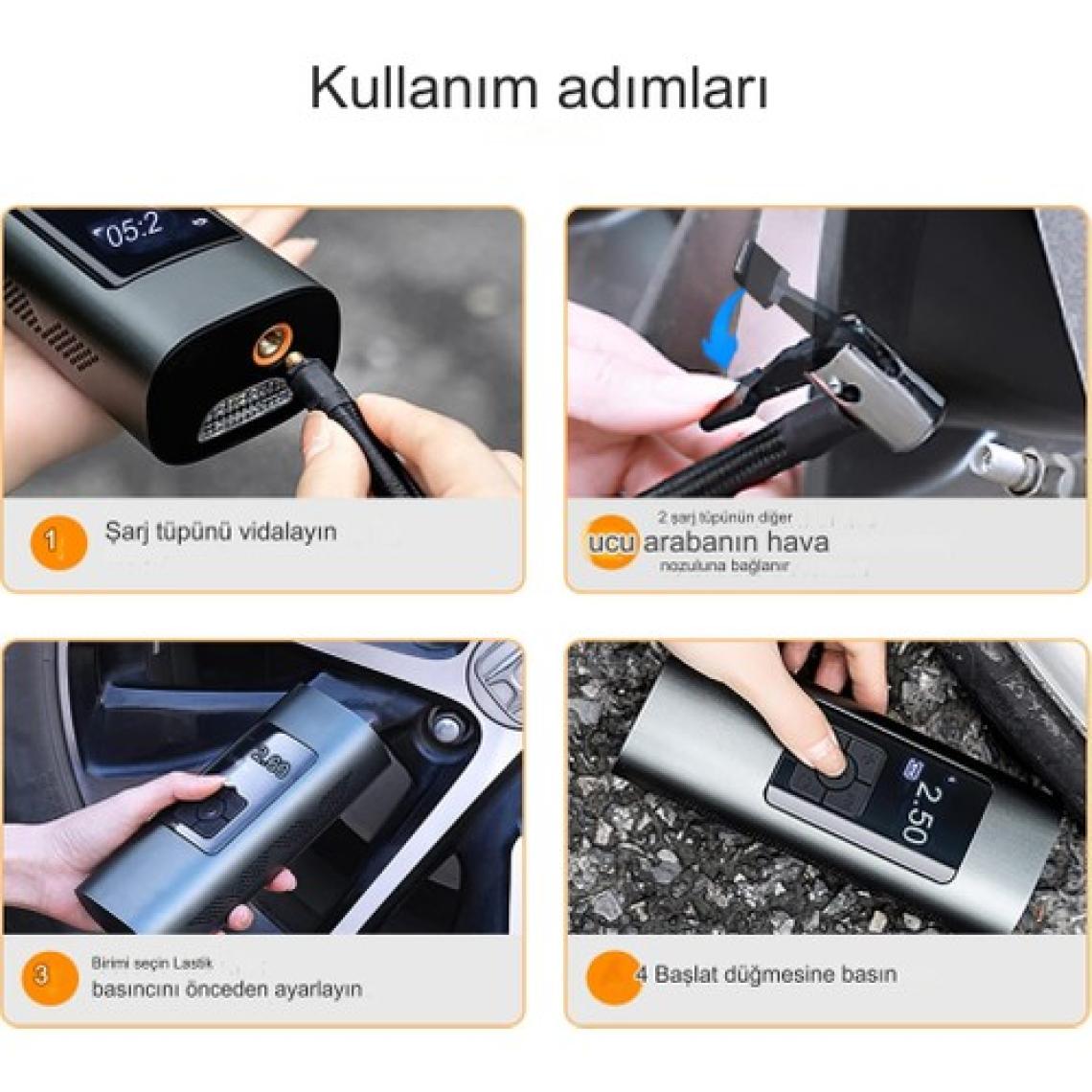 Qasul Çok Amaçlı Şarjlı  Işıklı Taşınabilir Elektrikli Hava Kompresörü Lastik Pompası Siyah