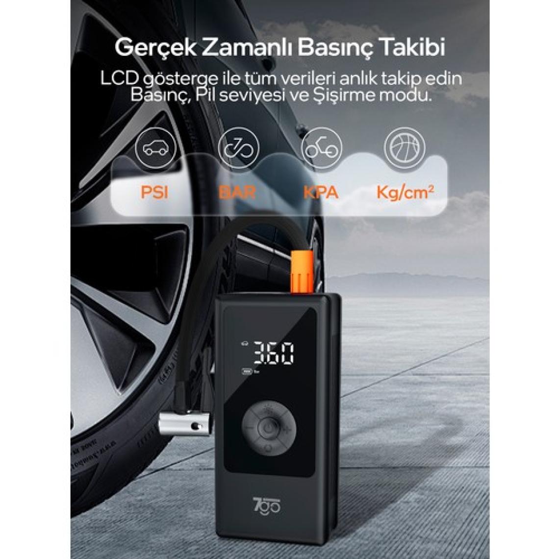 7go 7A3 Hava Pompası & Powerbank | 150 Psı Ultra Basınç, LED Işıklı, LCD Ekranlı, 4000MAH Taşınabilir Şarjlı Kompresör