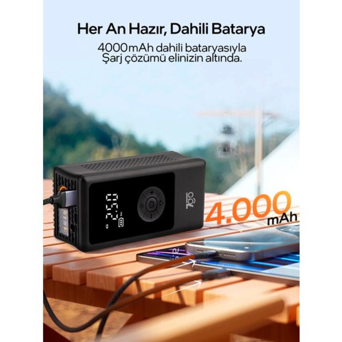 7go 7A3 Hava Pompası & Powerbank | 150 Psı Ultra Basınç, LED Işıklı, LCD Ekranlı, 4000MAH Taşınabilir Şarjlı Kompresör
