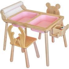 Wood & Joy & Doğal Ahşap Duyusal Çocuk Aktivite Masası Oyun Masası ve Çocuk Çalışma Masası 2 Sandalye Seti(Rulo Aparatlı ve Kırtasiye Istasyonlu)