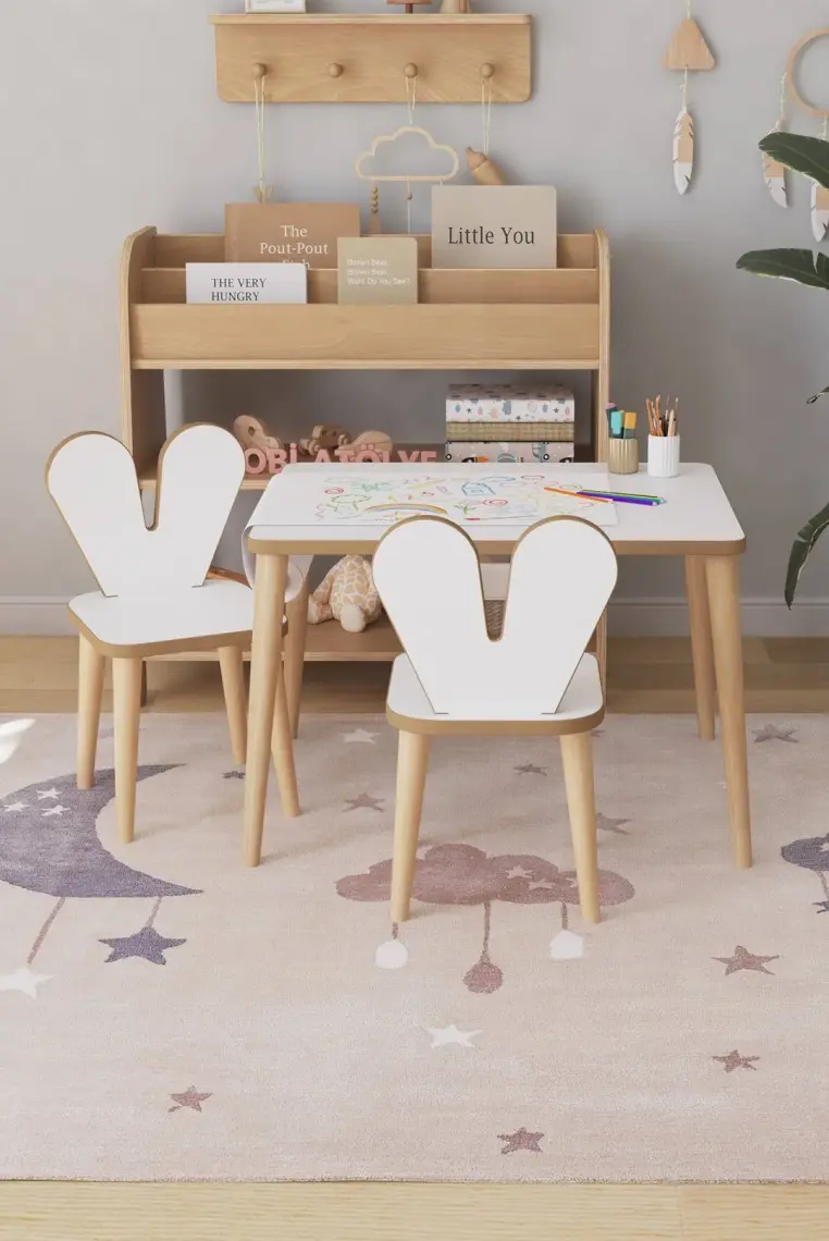 Obi Atölye Resim Kağıdı Rulolu Çocuk Aktivite Masası 60X45 cm 2 Sandalyeli Tavşan Sandalye