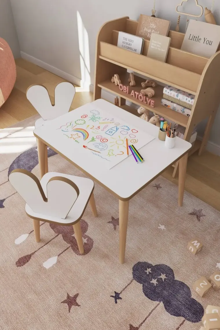 Obi Atölye Resim Kağıdı Rulolu Çocuk Aktivite Masası 60X45 cm 2 Sandalyeli Tavşan Sandalye