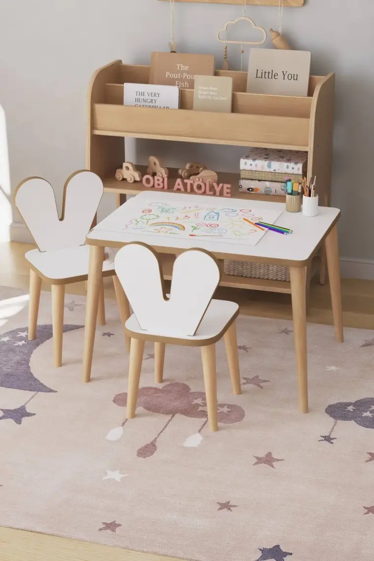 Obi Atölye Resim Kağıdı Rulolu Çocuk Aktivite Masası 60X45 cm 2 Sandalyeli Tavşan Sandalye