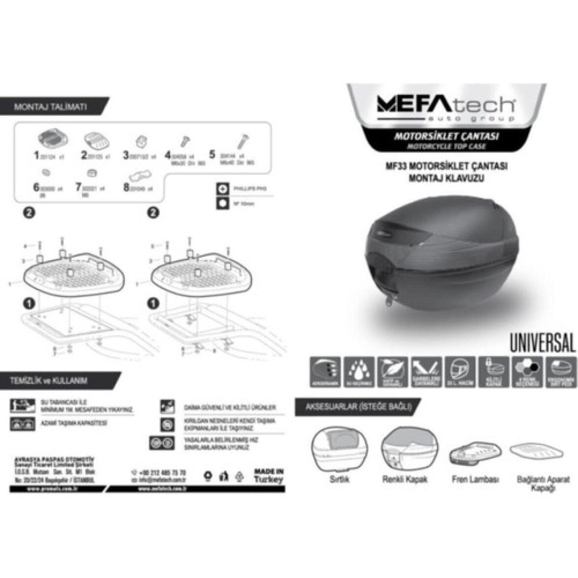 Mefatech Motosiklet Arka Çanta Topcase Kızaklı Ful Aparatlı Wogen MF33 33LT Siyah Renk Çanta