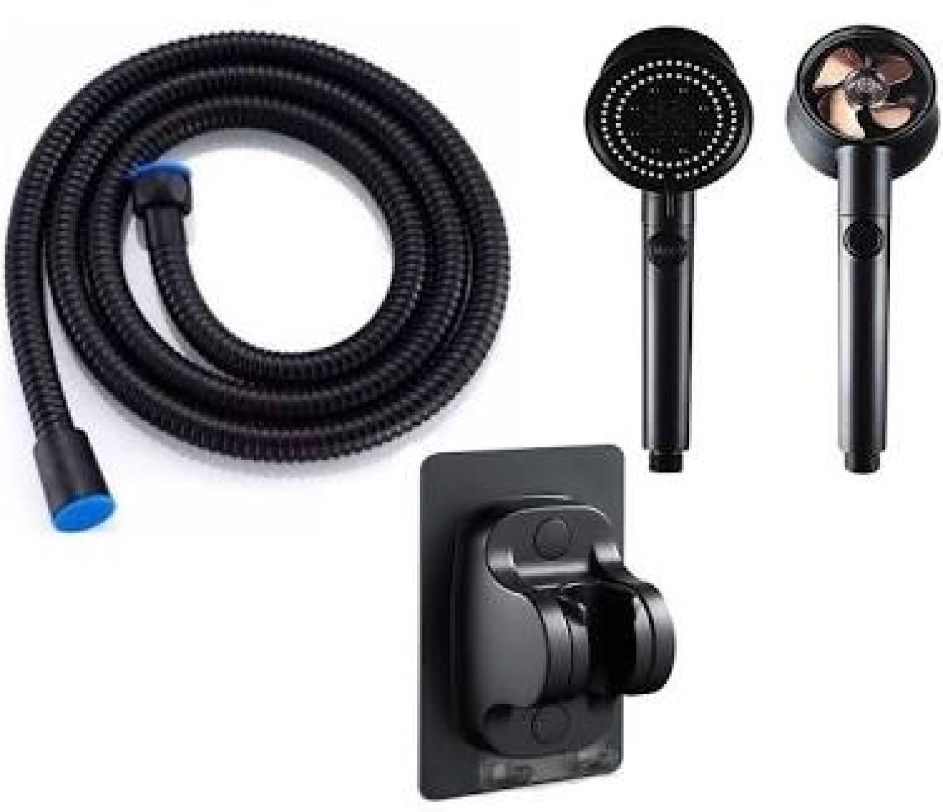 Almital Mobilya Aksesuarlari Settı Docıa 3'lü Set, Siyah 5 Fonksiyonlu Turbo Fan Pervaneli Duş Başlığı, 1.5 Mt. PVC Siyah Hortum, Yapışkanlı Duş Başlığı Tutucu
