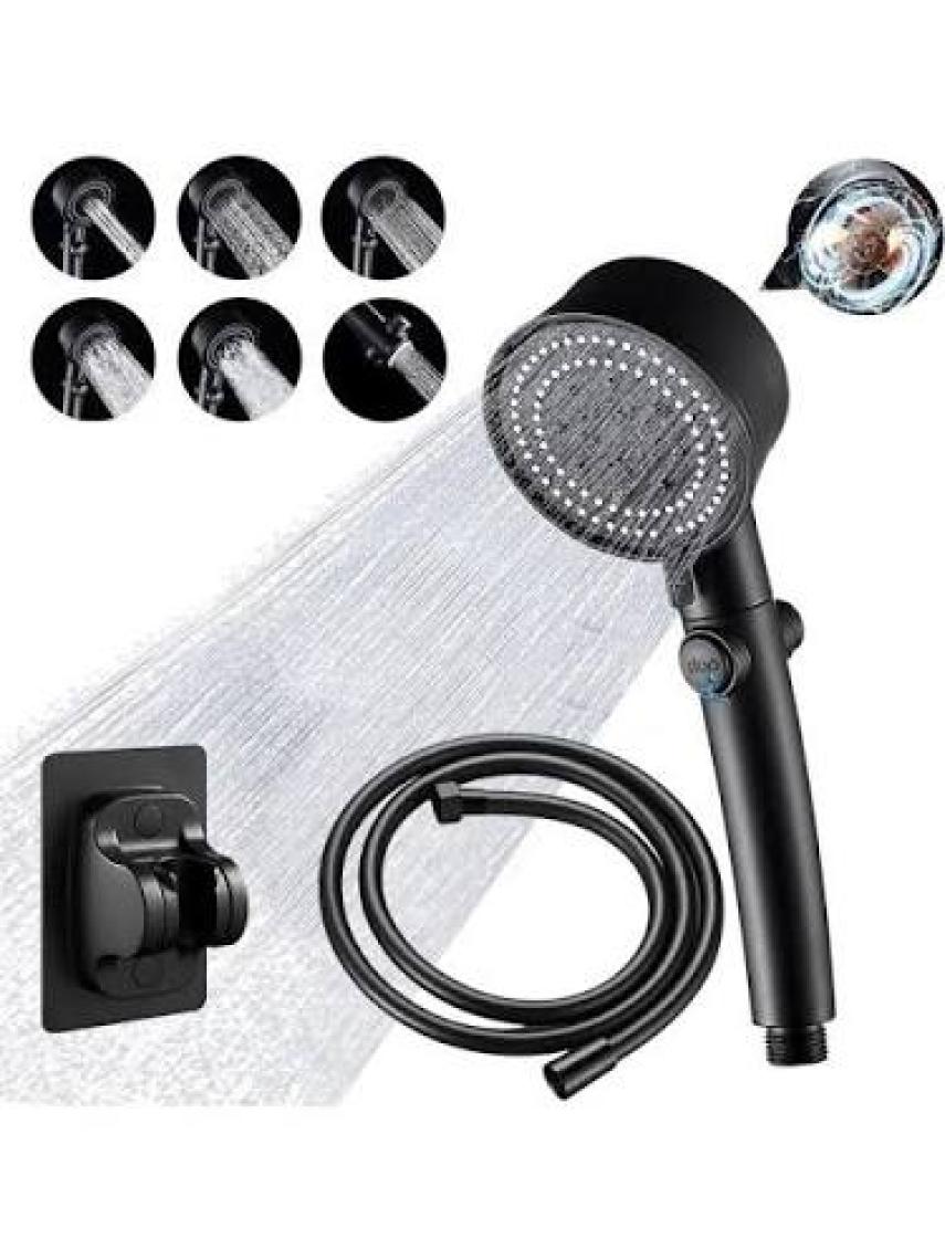 Almital Mobilya Aksesuarlari Settı Docıa 3'lü Set, Siyah 5 Fonksiyonlu Turbo Fan Pervaneli Duş Başlığı, 1.5 Mt. PVC Siyah Hortum, Yapışkanlı Duş Başlığı Tutucu