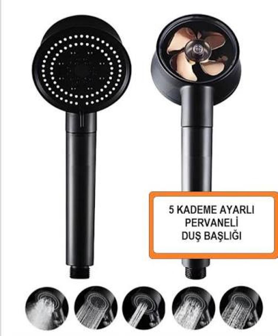 Almital Mobilya Aksesuarlari Settı Docıa 3'lü Set, Siyah 5 Fonksiyonlu Turbo Fan Pervaneli Duş Başlığı, 1.5 Mt. PVC Siyah Hortum, Yapışkanlı Duş Başlığı Tutucu