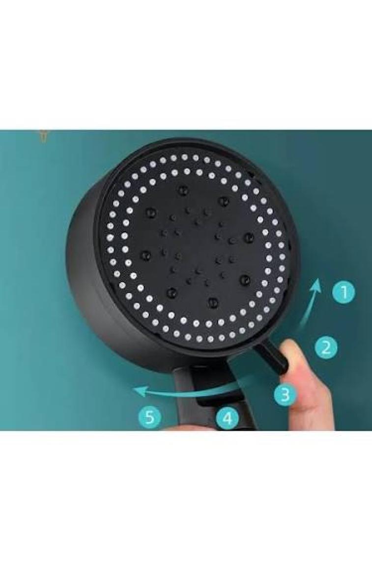 Almital Mobilya Aksesuarlari Settı Docıa 3'lü Set, Siyah 5 Fonksiyonlu Turbo Fan Pervaneli Duş Başlığı, 1.5 Mt. PVC Siyah Hortum, Yapışkanlı Duş Başlığı Tutucu