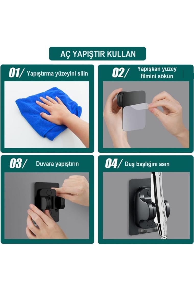 Almital Mobilya Aksesuarlari Yapışkanlı Duş Başlığı Askısı,  Siyah, 2 Adet Lif Askısı Kancalı,, Vidasız Montaj