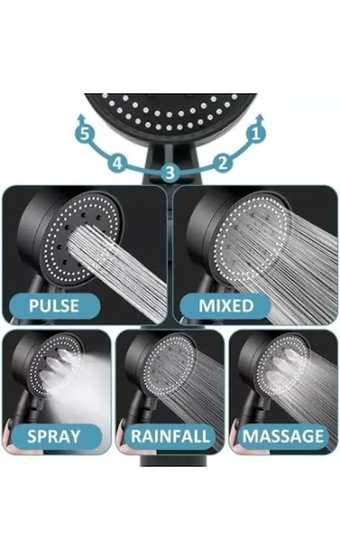 FAWER Faucet & Shower 5 Fonksiyonlu Siyah Yüksek Basınçlı Ayarlanabilir Duş Başlığı El Duşu