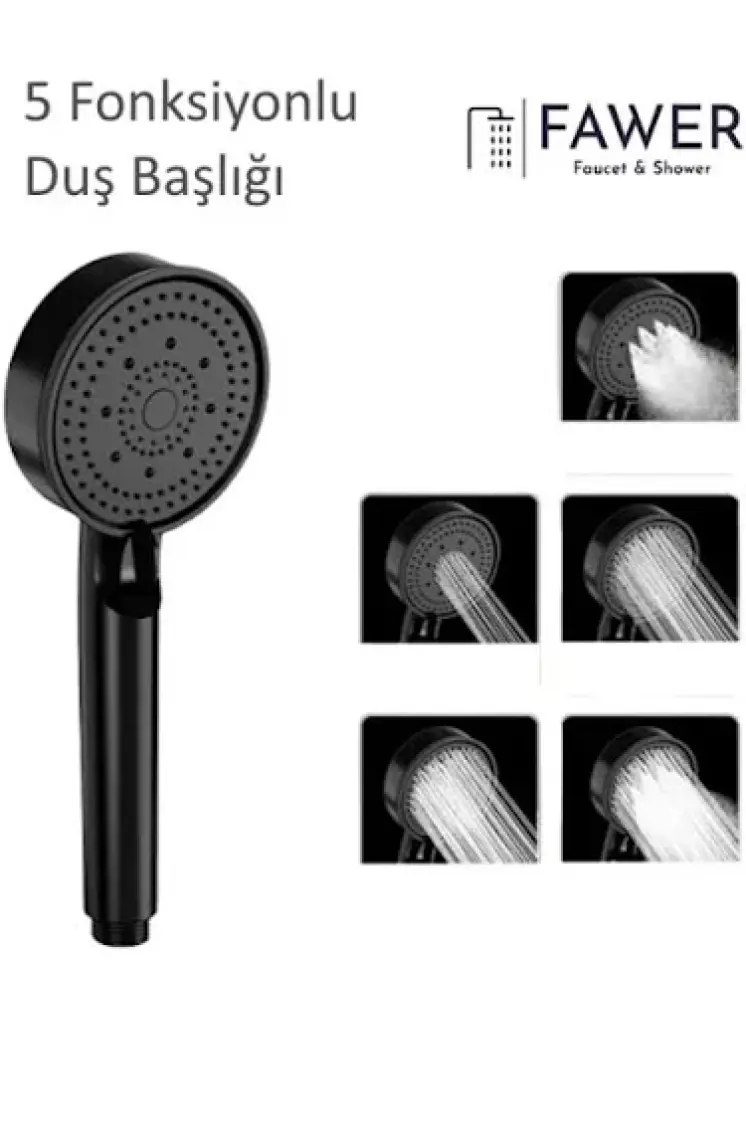 FAWER Faucet & Shower 5 Fonksiyonlu Siyah Yüksek Basınçlı Ayarlanabilir Duş Başlığı El Duşu