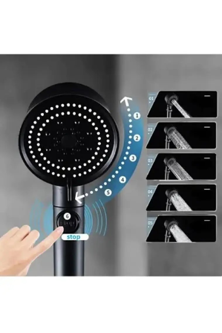 Turbo Fan Pervaneli 5 Fonksiyonlu Su Tasarruflu, Start/Stop, Duş Başlığı | Pervaneli Turbo El Duşu Siyah/Gold