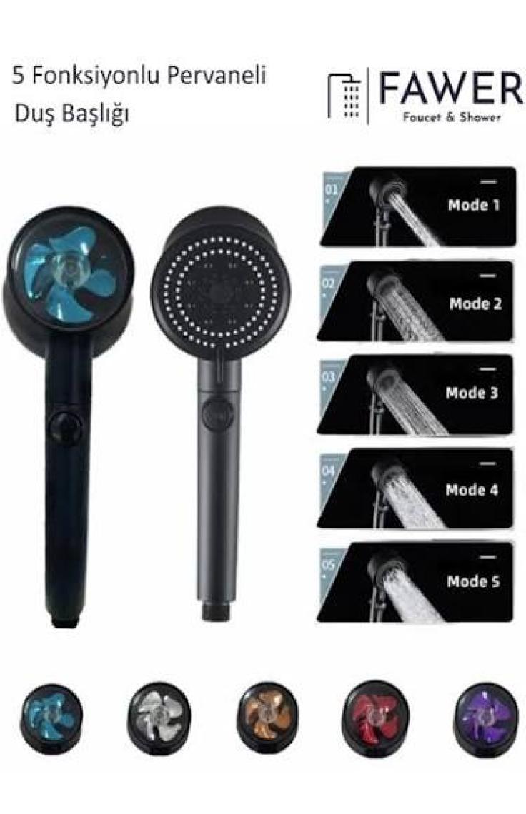 FAWER Faucet & Shower Siyah Turbo 5 Fonksiyonlu Pervaneli Duş Başlığı El Duşu