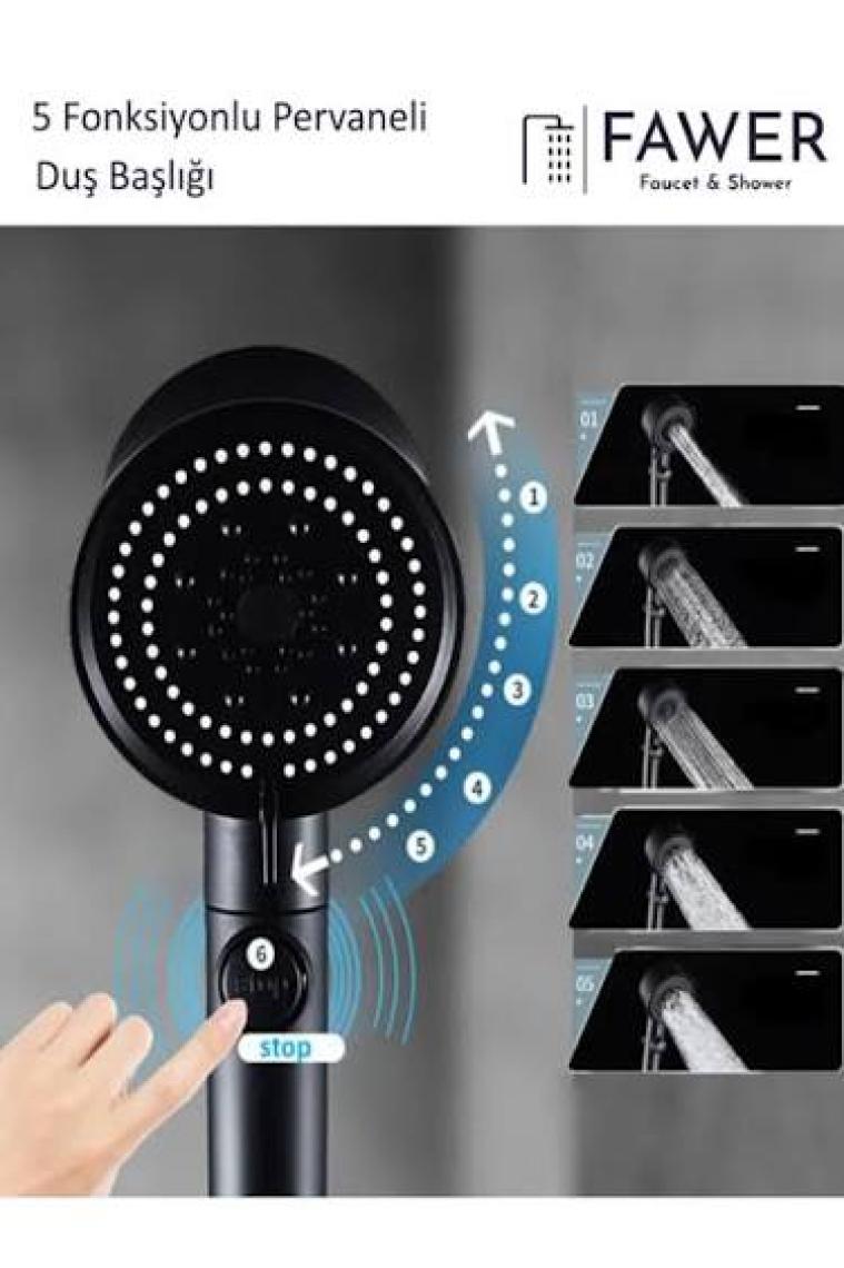 FAWER Faucet & Shower Siyah Turbo 5 Fonksiyonlu Pervaneli Duş Başlığı El Duşu