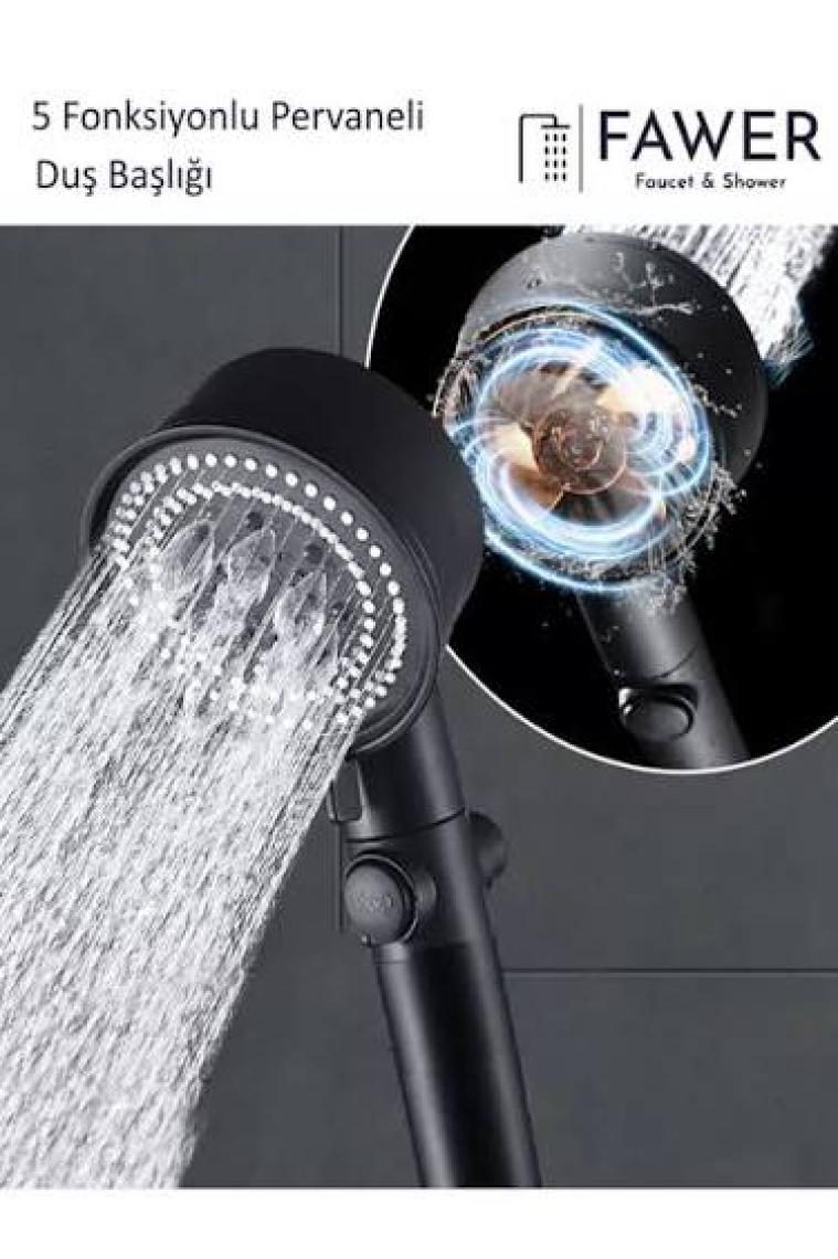 FAWER Faucet & Shower Siyah Turbo 5 Fonksiyonlu Pervaneli Duş Başlığı El Duşu