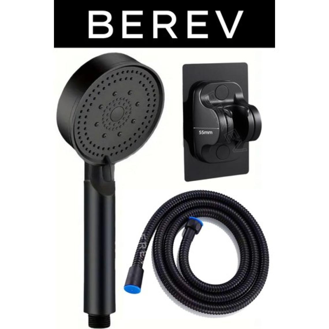 Berev 5 Fonksiyonlu Yüksek Basınçlı Duş Başlığı Yapışkanlı Mafsal 150 cm Hortum Siyah Duş Seti
