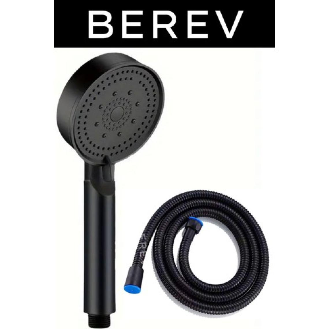 Berev 5 Fonksiyonlu Yüksek Basınçlı Duş Başlığı Yapışkanlı Mafsal 150 cm Hortum Siyah Duş Seti